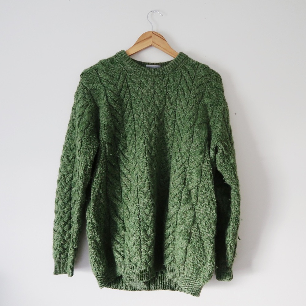Aran Made In Ireland Merino Wool Chunky Knit Green Sweater